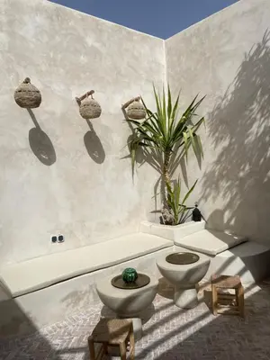 a bathroom with two toilets and a plant on the wall at Riad Nekhla in Marrakech