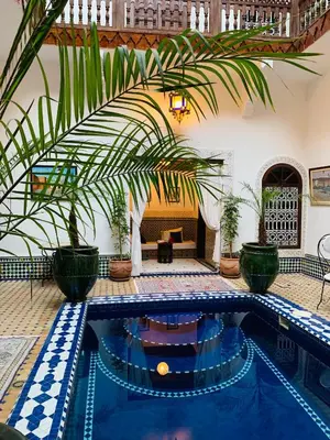 a pool in a house with a palm tree at Riad Malida Marrakech in Marrakech