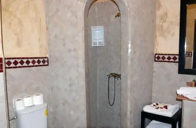 a bathroom with a shower and a toilet at Riad Dar La Rose in Marrakech