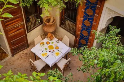 an overhead view of a table with food on it at Riad 92 - Architect's Riad in the Exclusive Dar El Bacha in Marrakech