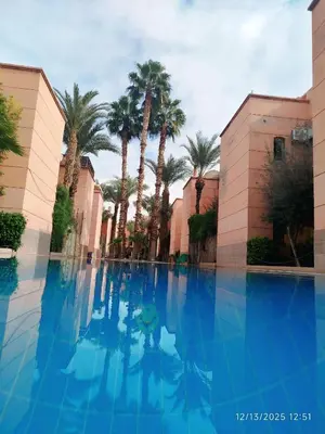 a swimming pool with palm trees and blue water at Riad Darnooz Marrakech in Marrakech