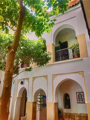 a building with a tree in front of it at Riad ABBASSIA Marrakech Premiere - Authentic Medina Experience in Marrakech