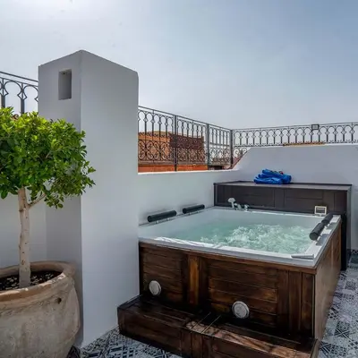 a bath tub in a room with a potted tree at MAISON SOLANEOS in Marrakech