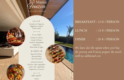 a menu for a restaurant with a plate of food at Villa Zen'O Palmeraie - Hot Pool in Marrakech
