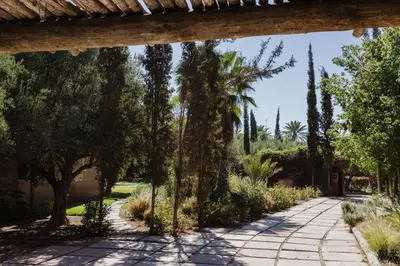 a walkway through a garden with trees and palm trees at Villa de luxe Sahara in Marrakech