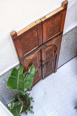 a plant sitting in front of a wooden door at Riad Fz Marrakech in Marrakech