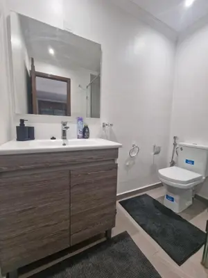 a bathroom with a sink and a toilet and a mirror at appartement de luxe face la marllette in Marrakech