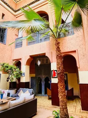 a palm tree in front of a building with couches at Exclusive and stylish 4-bedroom Riad with plunge pool in Marrakech