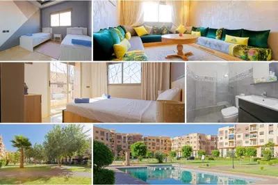 a collage of photos of a hotel room at Residence DES LILAS DAR SALAM chez Madame ASSYL residence avec 3 piscines in Marrakech