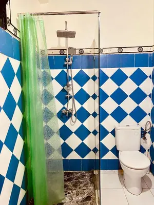 a bathroom with a toilet and blue and white tiles at Calm appartment close to airport of Marrakech in Marrakech