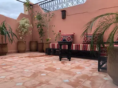 a patio with two benches and potted plants at Riad Jasmine in Marrakech