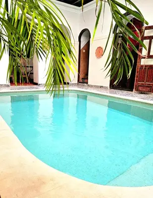 a swimming pool with blue water and a palm tree at Riad El Grably in Marrakech