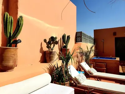 a room with couches and potted plants on a wall at Riad Dar Zouar & Spa in Marrakech