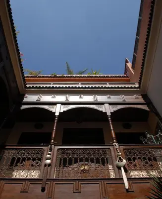 an overhead view of a building with a balcony at Riad Aubrac in Marrakech