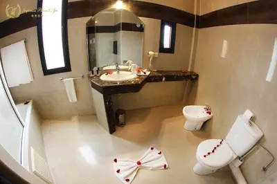 a bathroom with a sink and a toilet and a mirror at Hotel Imperial Plaza & Spa in Marrakech