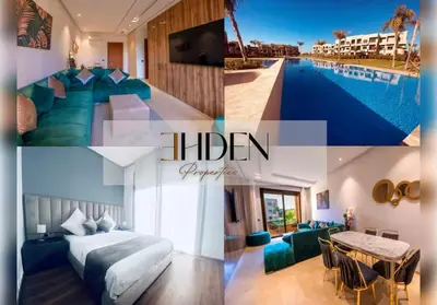 a collage of photos of a hotel with a pool at Ehden Properties - Appt luxueux dans la residence golfique Prestigia Argan in Marrakech