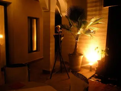 a tripod in a room with a plant and a light at Riad Dar Selen in Marrakech