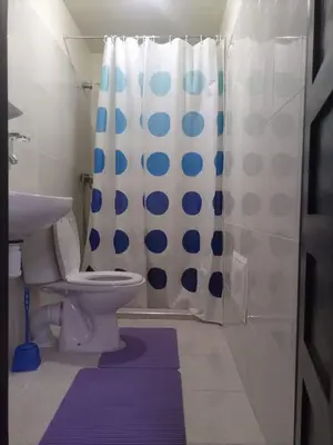 a bathroom with a toilet and a shower curtain at Riad Al Nakhil in Marrakech