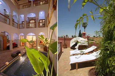 two photos of a house with beds and plants at Riad Chalymar in Marrakech