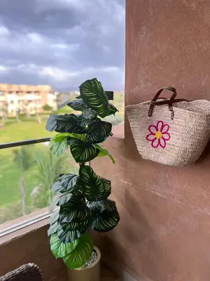 a plant in a pot next to a window with a purse at Super appartement familial avec piscine à Prestigia Marrakech in Marrakech