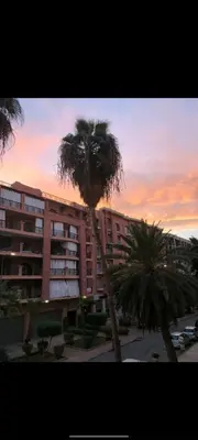 a large building with a palm tree in front of it at Cosy apartment in Marrakesh, Guliz in Marrakech